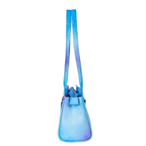 Women's Hand-Painted Leather Blue Shoulder Tote Bag with Animal Artwork - Picture 3 of 7